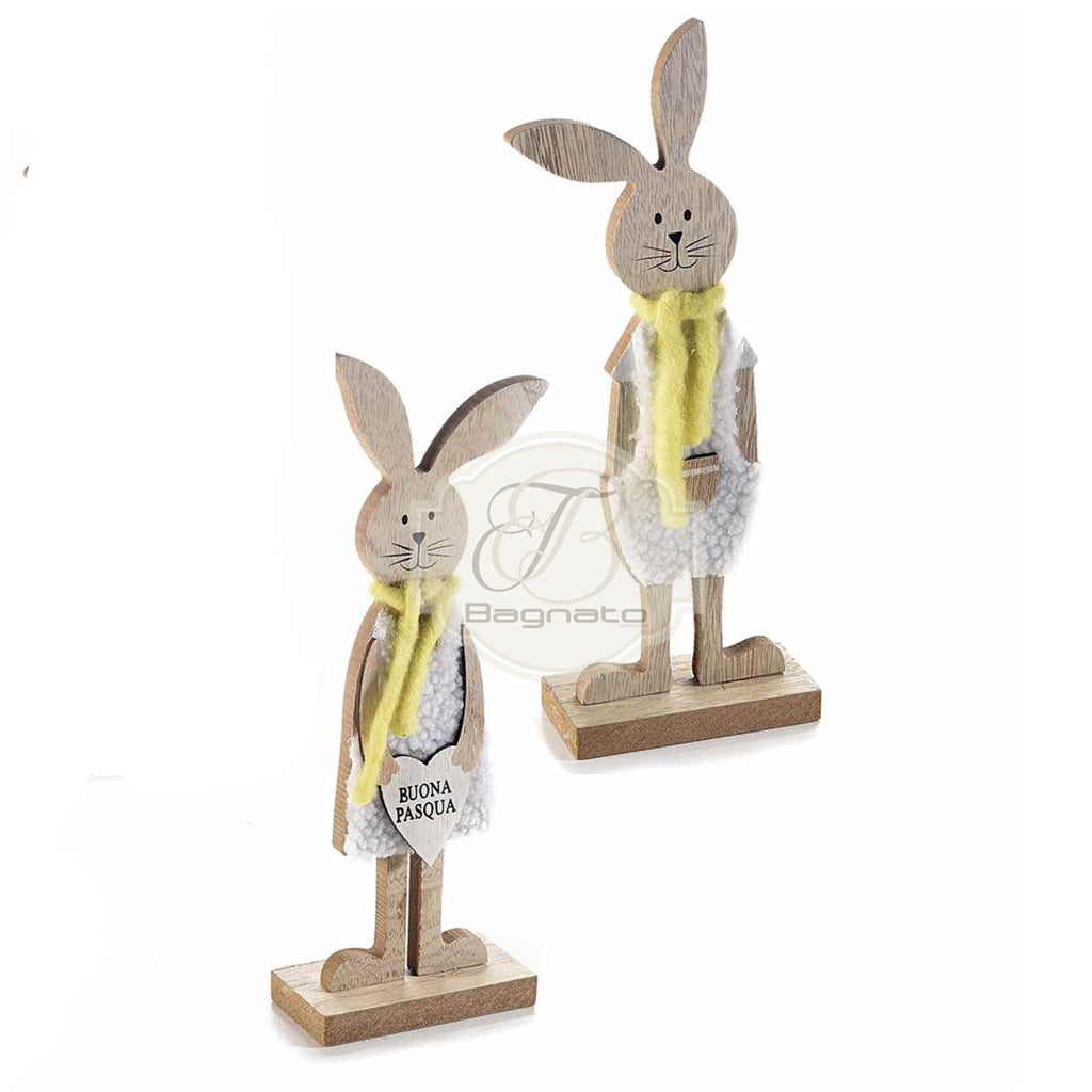 Coppia Conigli Rosa In Legno Giallo