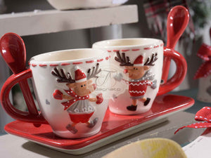 Set 2 Tazzine Natalizie Ceramica Renne Con Vassoio