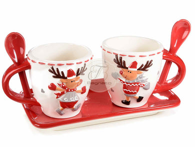 Set 2 Tazzine Natalizie Ceramica Renne Con Vassoio