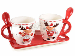 Set 2 Tazzine Natalizie Ceramica Renne Con Vassoio