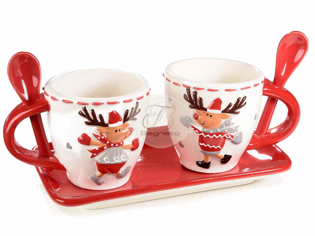 Set 2 Tazzine Natalizie Ceramica Renne Con Vassoio