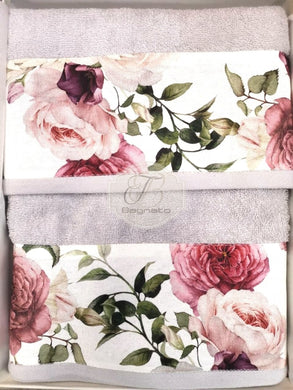 Coppia Asciugamani Floral Con Scatola Grigio Asciugamani
